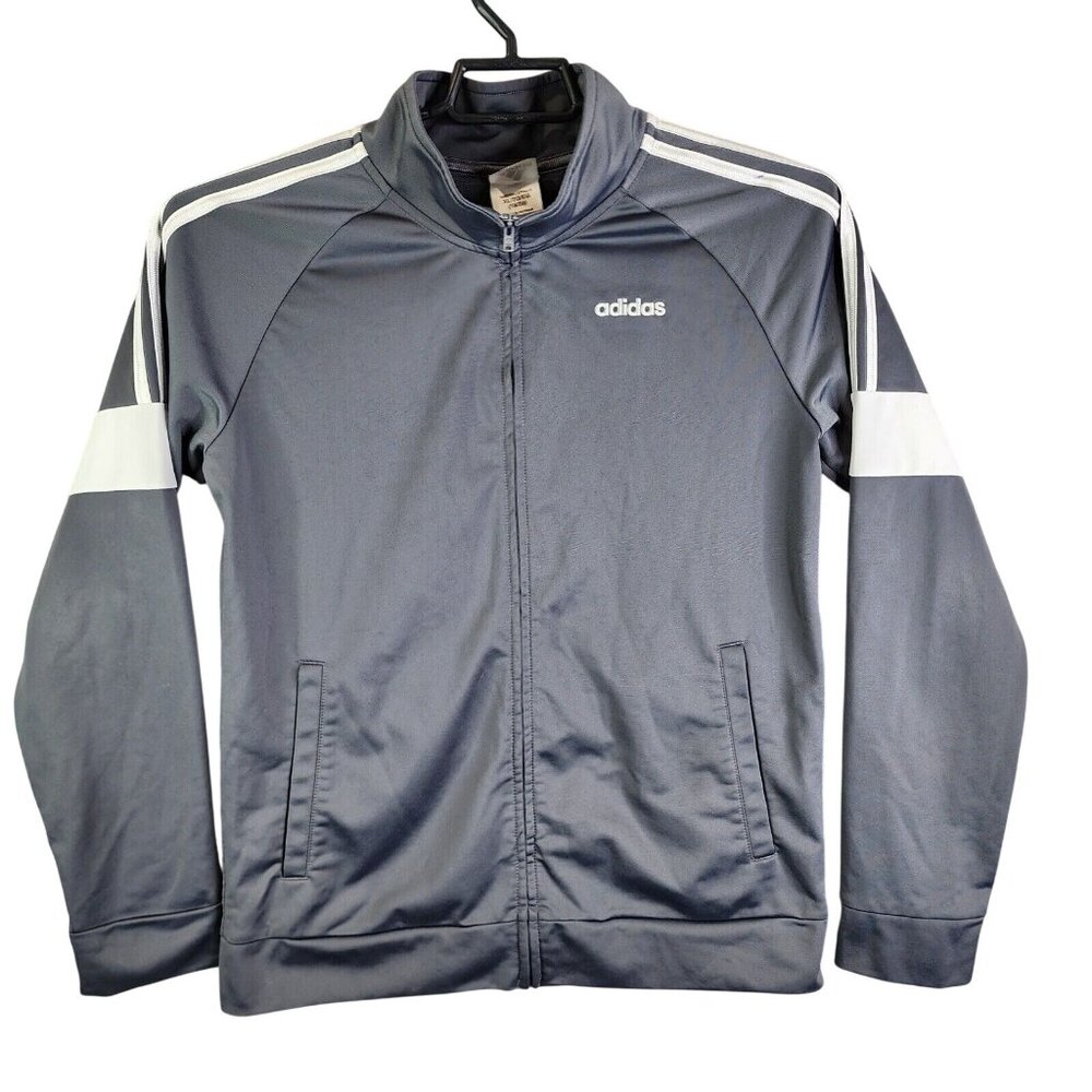 Boys Adidas Gray & White Striped Tricot Jacket Full Zip Long Sleeve Size XL